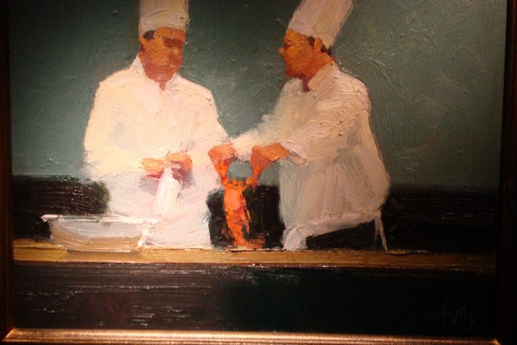 A painting of two chefs.