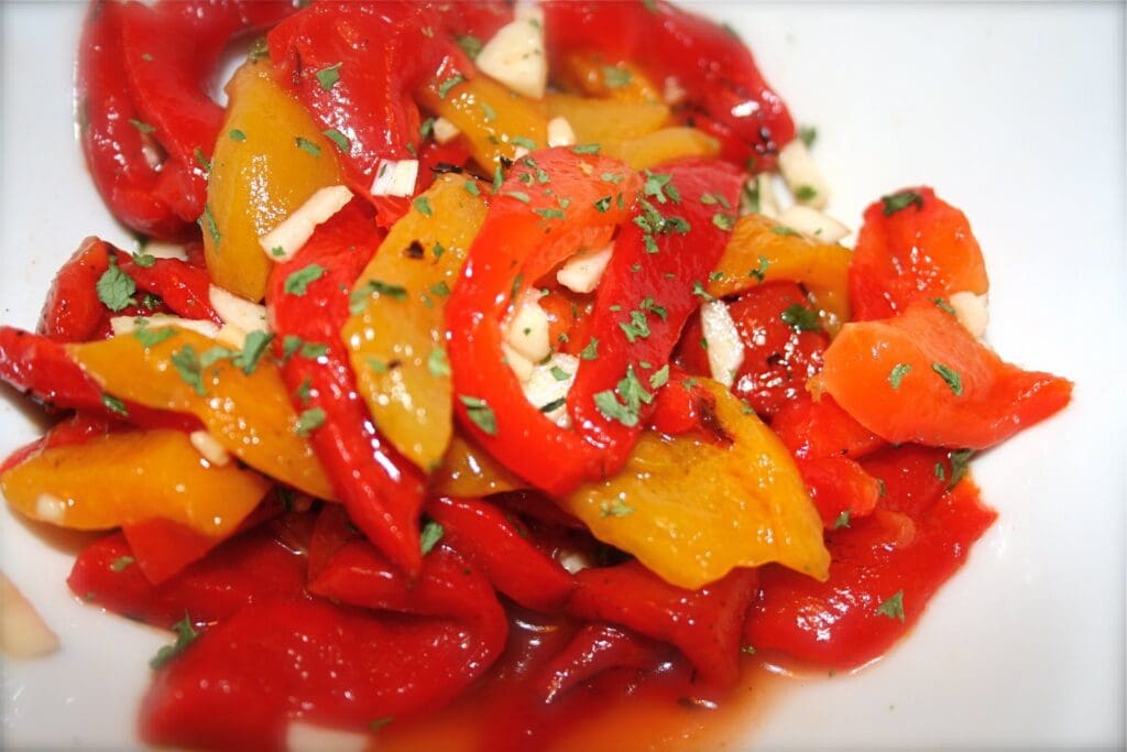 Roasted red peppers with almonds.