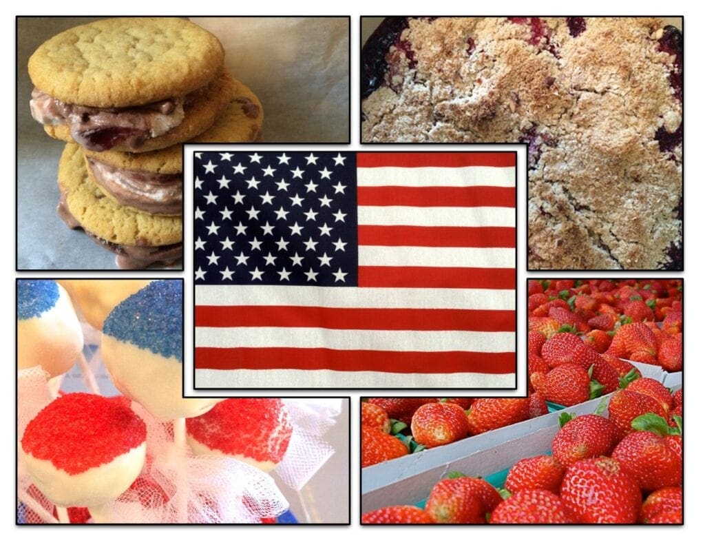 A collage of photos of food with the American flag in the middle