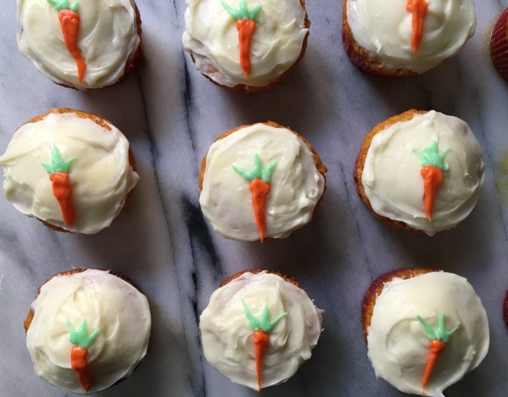 Carrot cupcakes with cream cheese frosting.