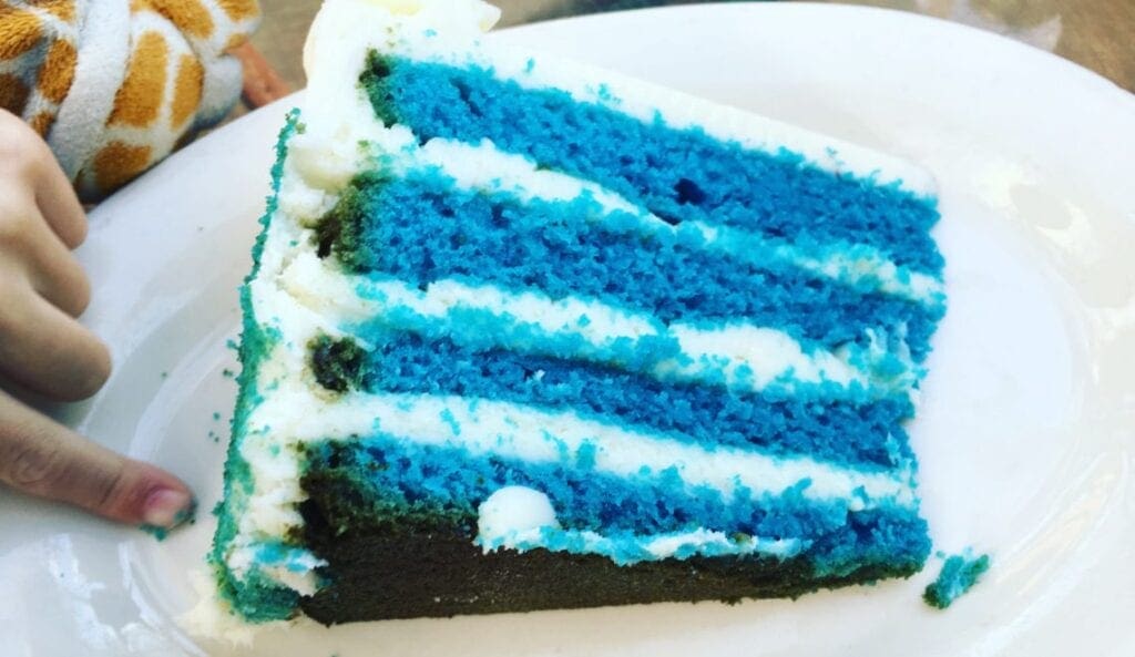 A slice of blue cake on a plate.