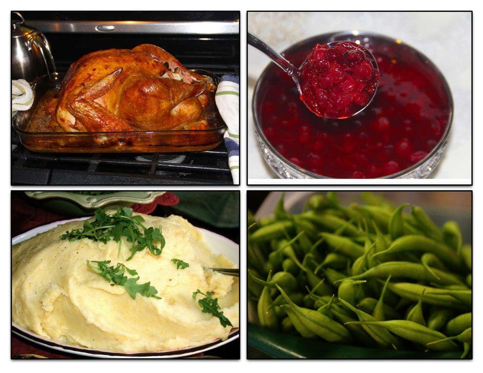 a collage of a cooked turkey, cranberry sauce, mashed potatoes, and peas