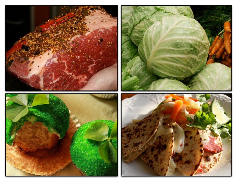 a collage of raw meat, cabbage, cupcake, and tortillas