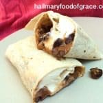 A burrito with chocolate chips and ice cream on a plate.