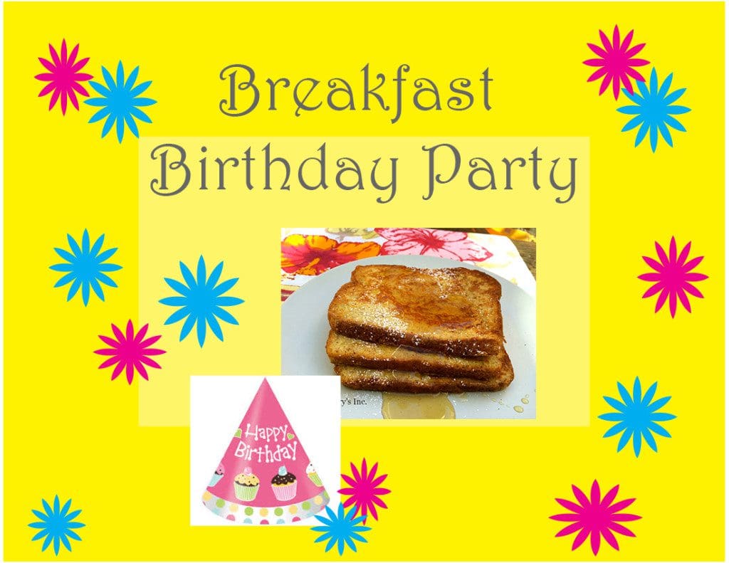 A breakfast birthday party with toast and a birthday hat.