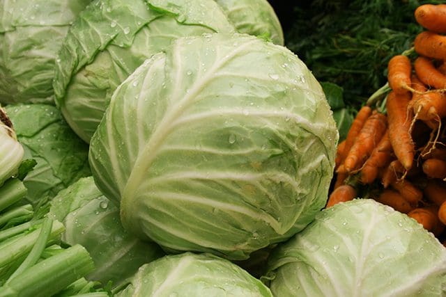 Cabbages and carrots are piled up on a table.