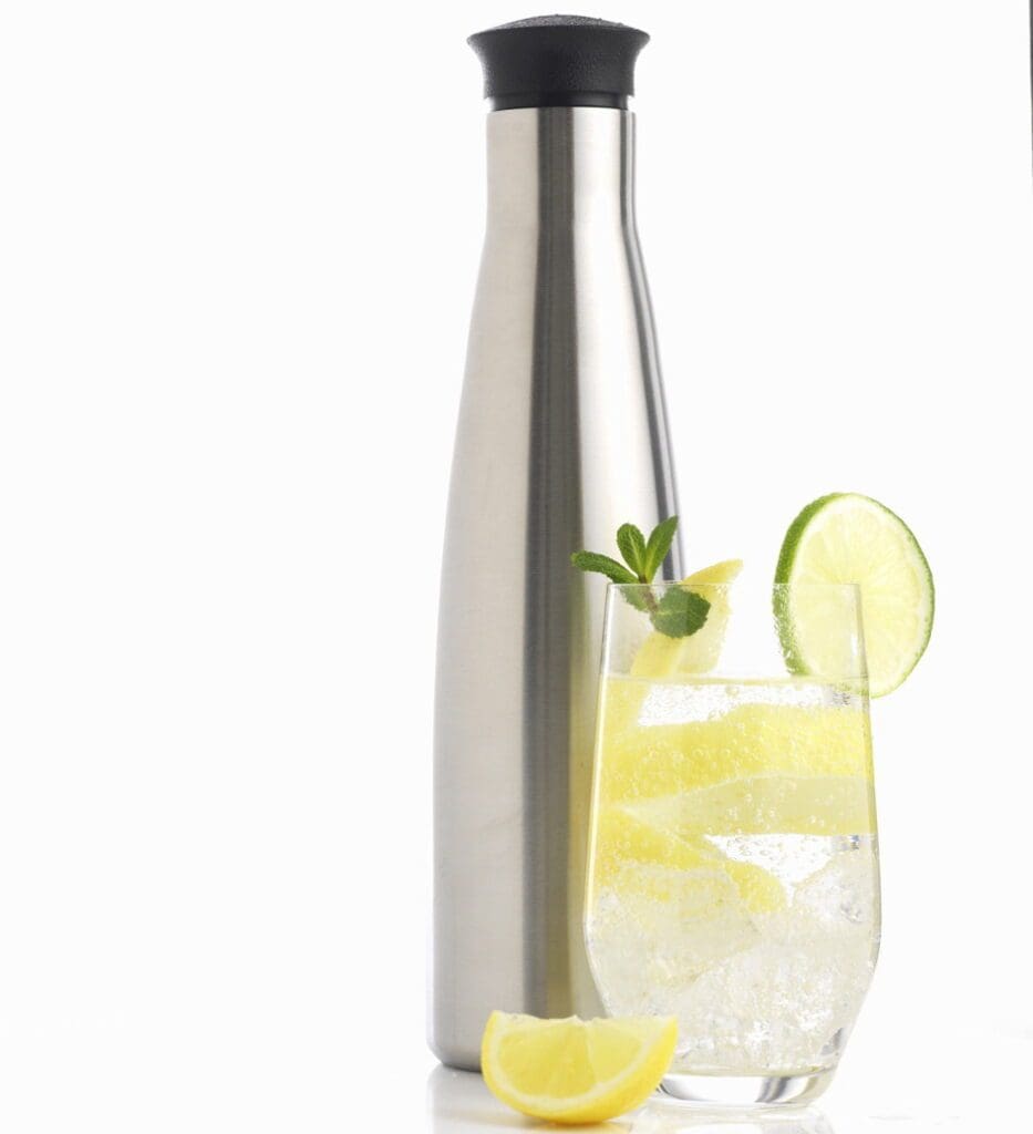 A stainless steel water bottle with a slice of lemon next to it.