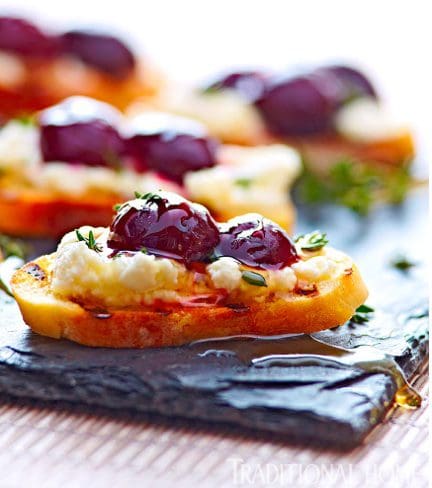 Cherry and goat cheese crostini.