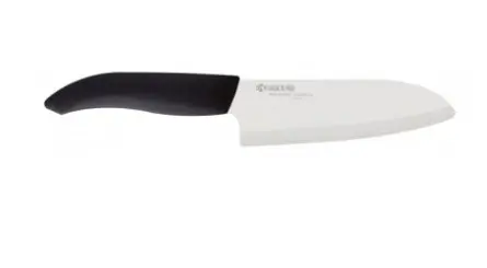 A kitchen knife with a black handle on a white background.
