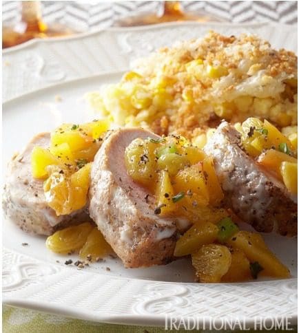 Pork tenderloin with apricot sauce and mashed potatoes.