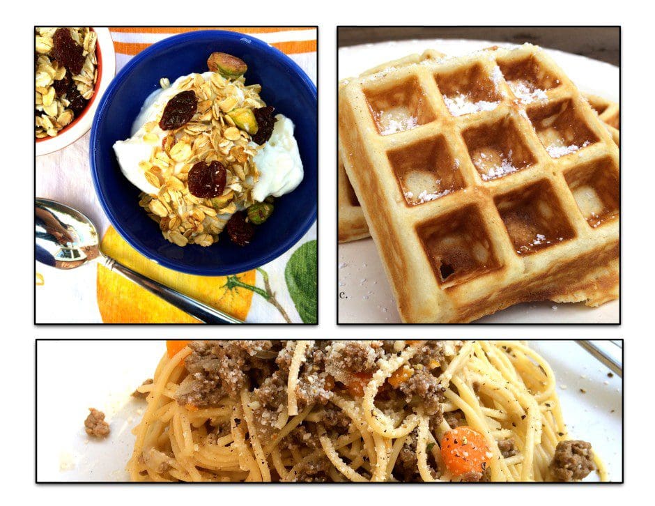 A collage of pictures of waffles, pasta and other foods.