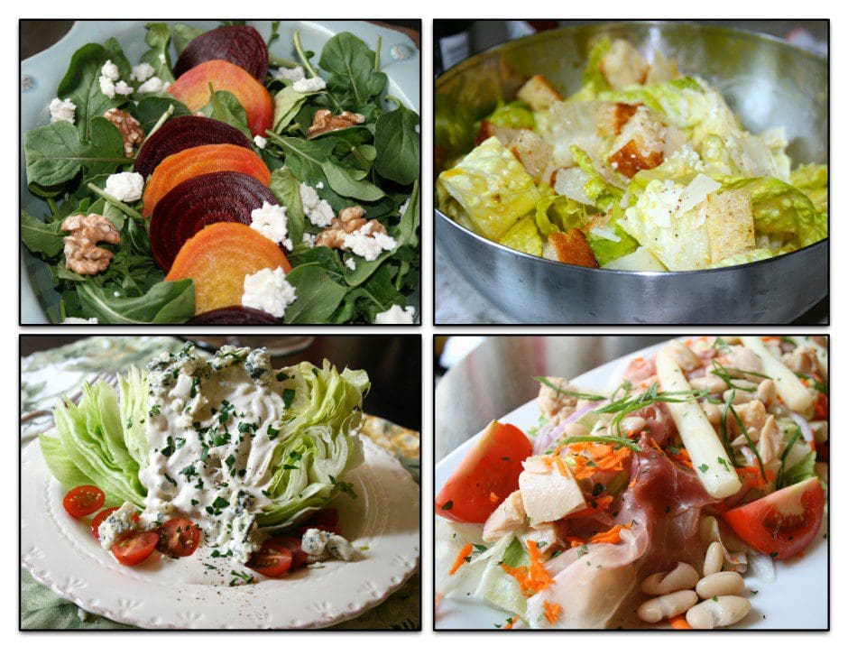 A collage of pictures showing different salads.
