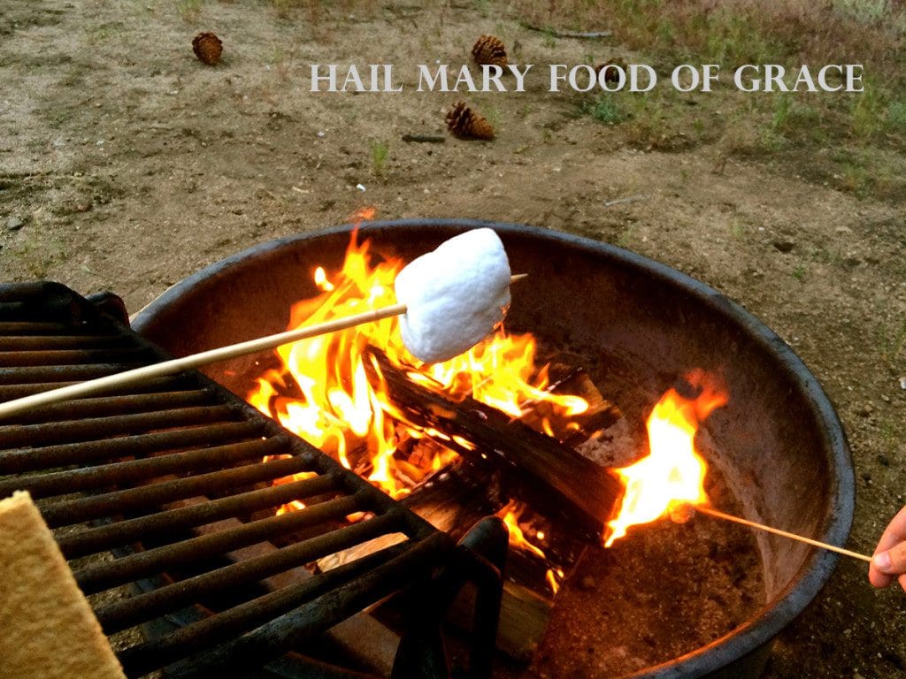 A person grilling marshmallows over an open fire.