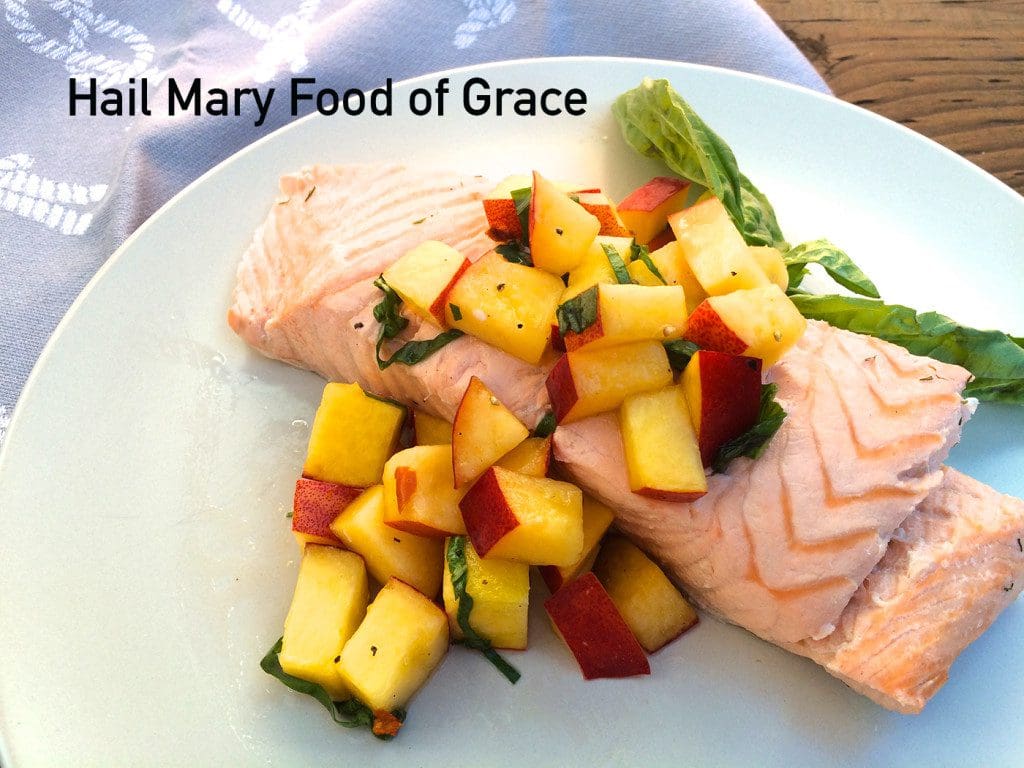 Poached salmon with nectarines and basil