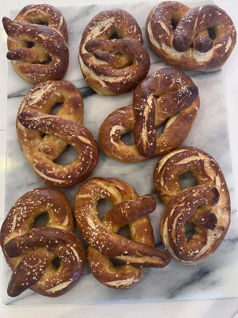 Perfectly cooked Pretzel on a grey table