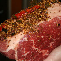 A person holding a piece of meat with spices on it.