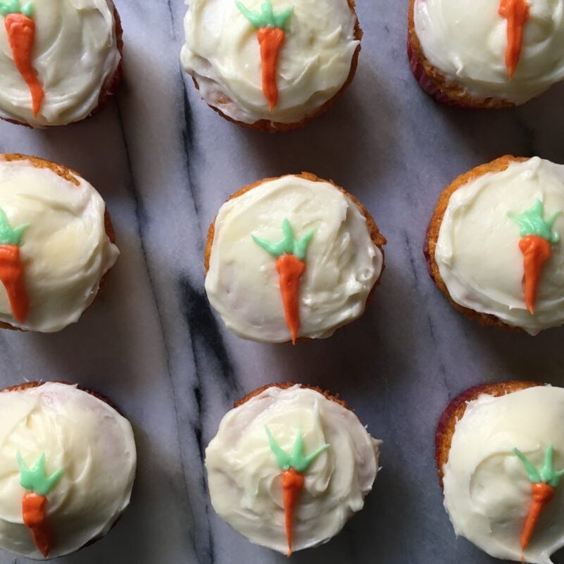 Carrot cupcakes with cream cheese frosting.
