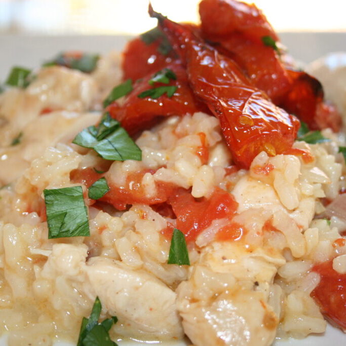 Try this delicious risotto recipe with tomatoes and artichokes.