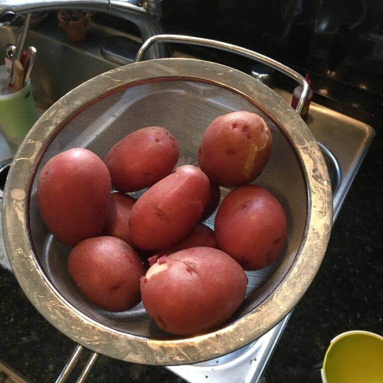 In Oklahoma, a person is holding a strainer filled with red-skinned potatoes.