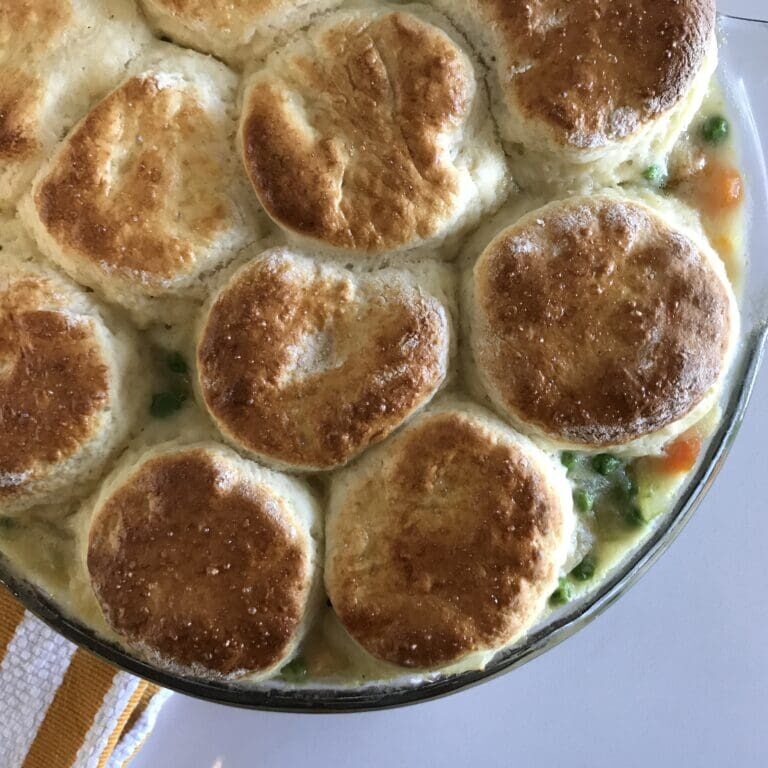 Biscuit-topped chicken pot pie in baking dish.