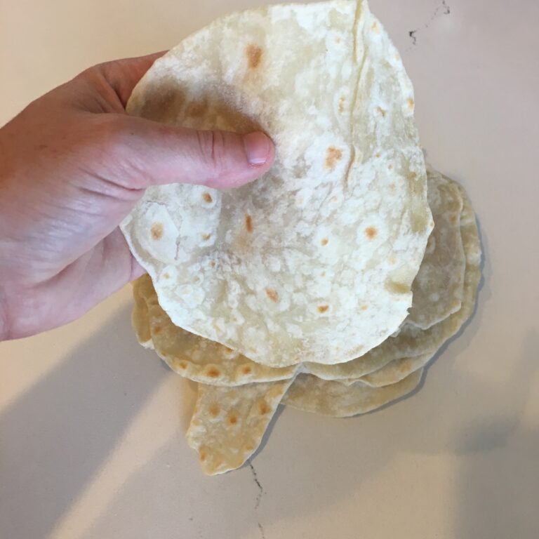 a hand holding a flour tortilla