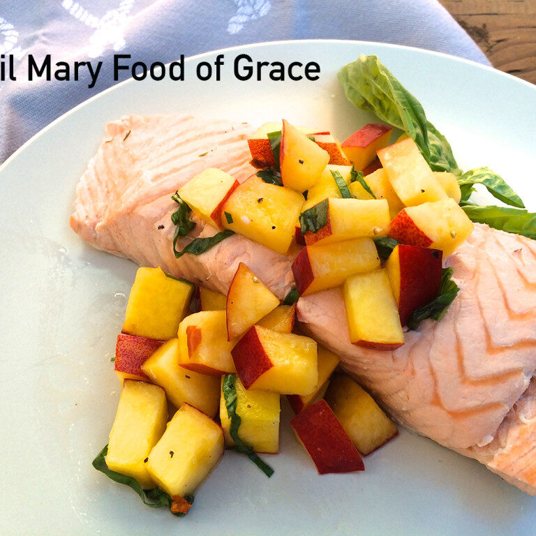 Poached salmon with nectarines and basil